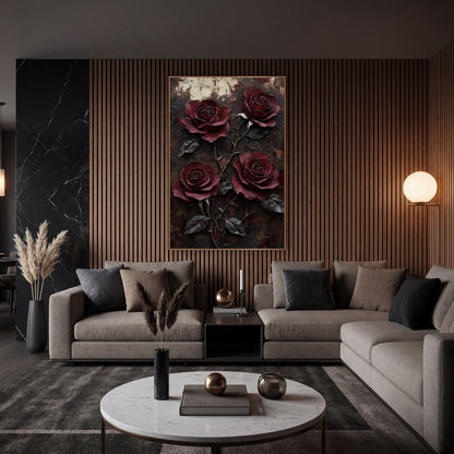 Four Wine Roses Cracked Ivory Patina wall art in an elegant modern room – four burgundy roses with thorny stems