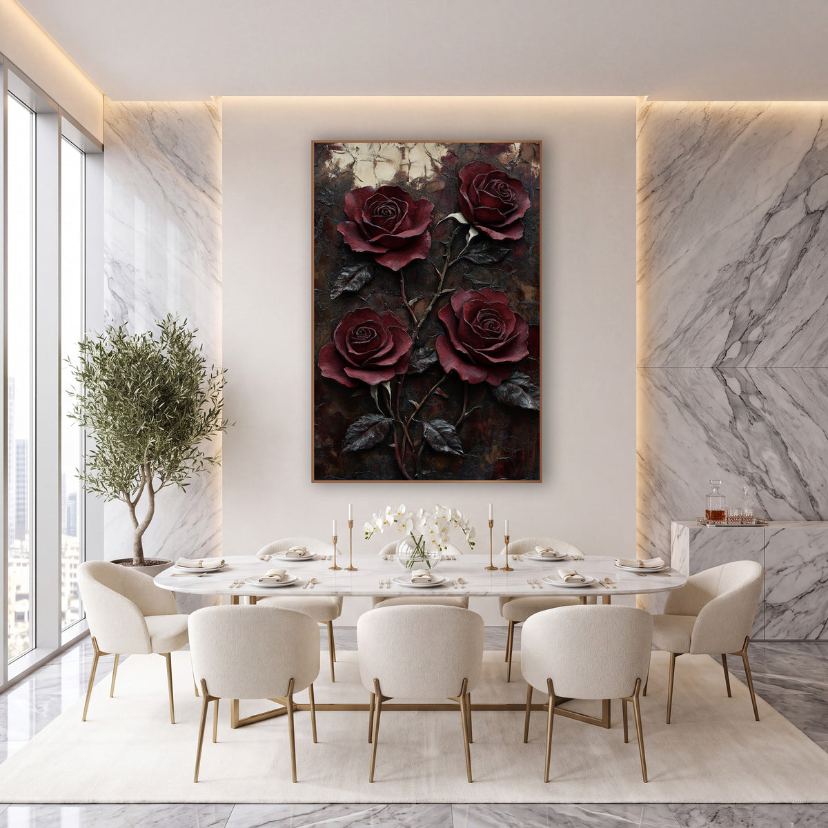 Four Wine Roses Cracked Ivory Patina wall art in an elegant modern room – four burgundy roses with thorny stems