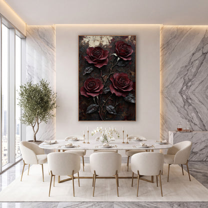 Four Wine Roses Cracked Ivory Patina wall art in an elegant modern room – four burgundy roses with thorny stems