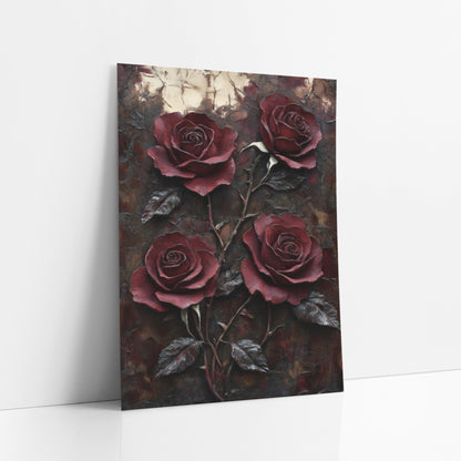 Four Wine Roses Cracked Ivory Patina art print leaning against a white wall – four burgundy roses with thorny stems and dark