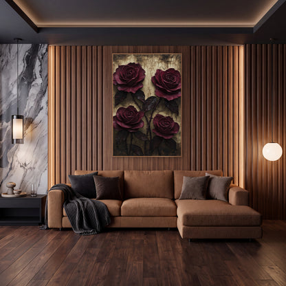 Four Wine Roses Golden Amber Patina wall art in an elegant modern room – four deep burgundy roses with dark leaves