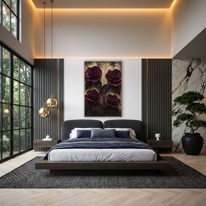 Four Wine Roses Golden Amber Patina wall art in an elegant modern room – four deep burgundy roses with dark leaves