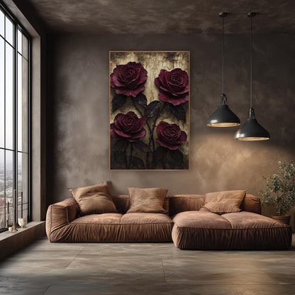 Four Wine Roses Golden Amber Patina wall art in an elegant modern room – four deep burgundy roses with dark leaves