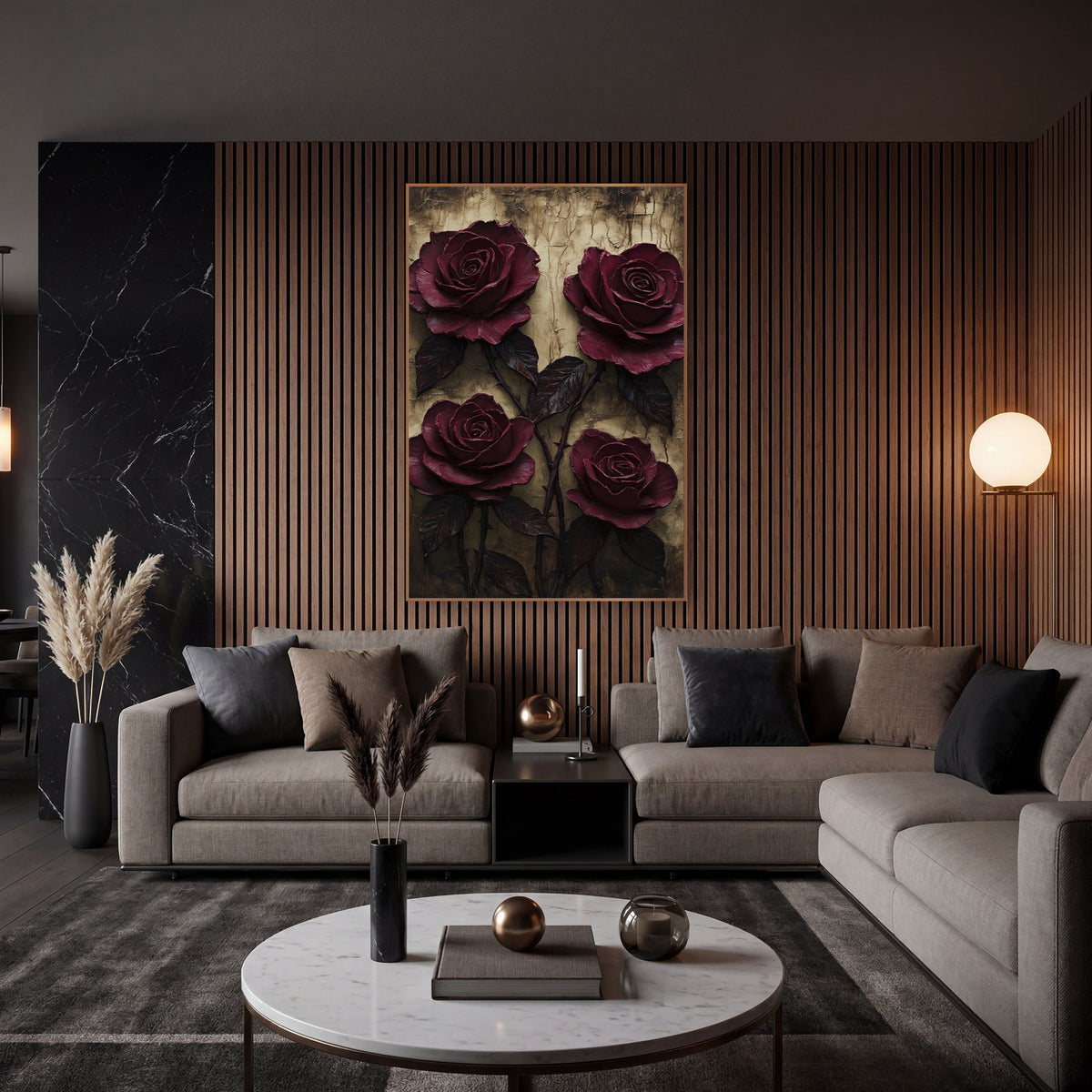 Four Wine Roses Golden Amber Patina wall art in an elegant modern room – four deep burgundy roses with dark leaves