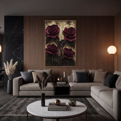 Four Wine Roses Golden Amber Patina wall art in an elegant modern room – four deep burgundy roses with dark leaves
