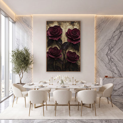 Four Wine Roses Golden Amber Patina wall art in an elegant modern room – four deep burgundy roses with dark leaves