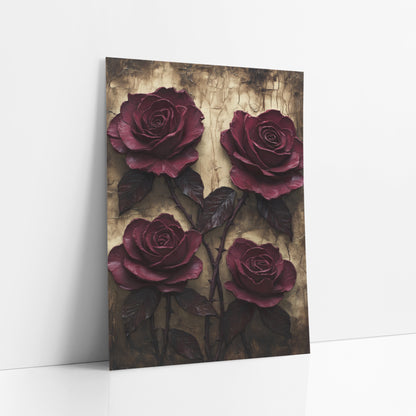 Four Wine Roses Golden Amber Patina art print leaning against a white wall – four deep burgundy roses with dark leaves
