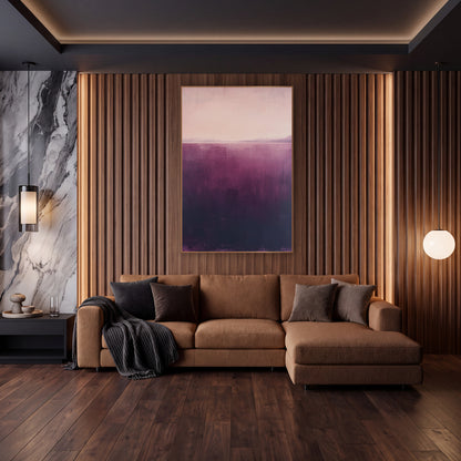 Aubergine Rose Horizon Abstract wall art in an elegant modern room – abstract landscape with a pale blush sky