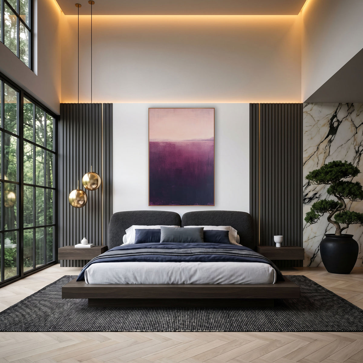 Aubergine Rose Horizon Abstract wall art in an elegant modern room – abstract landscape with a pale blush sky