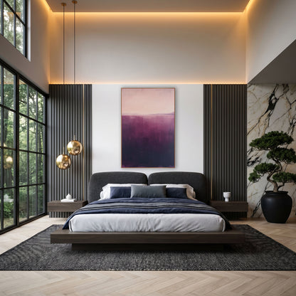Aubergine Rose Horizon Abstract wall art in an elegant modern room – abstract landscape with a pale blush sky