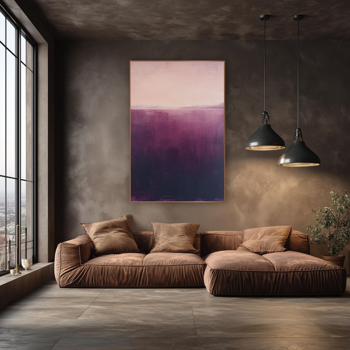 Aubergine Rose Horizon Abstract wall art in an elegant modern room – abstract landscape with a pale blush sky