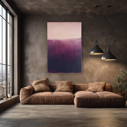 Aubergine Rose Horizon Abstract wall art in an elegant modern room – abstract landscape with a pale blush sky