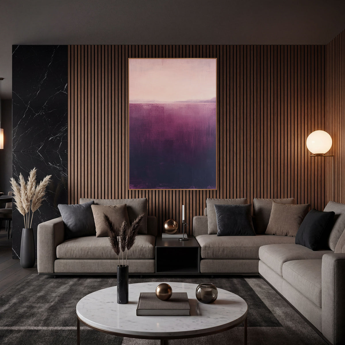Aubergine Rose Horizon Abstract wall art in an elegant modern room – abstract landscape with a pale blush sky