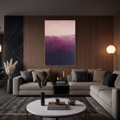 Aubergine Rose Horizon Abstract wall art in an elegant modern room – abstract landscape with a pale blush sky