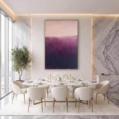 Aubergine Rose Horizon Abstract wall art in an elegant modern room – abstract landscape with a pale blush sky
