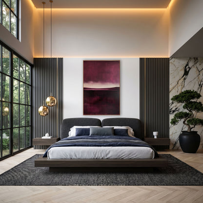 Mulberry Stormlit Moor Painterly Landscape wall art in an elegant modern room – abstract landscape with a deep