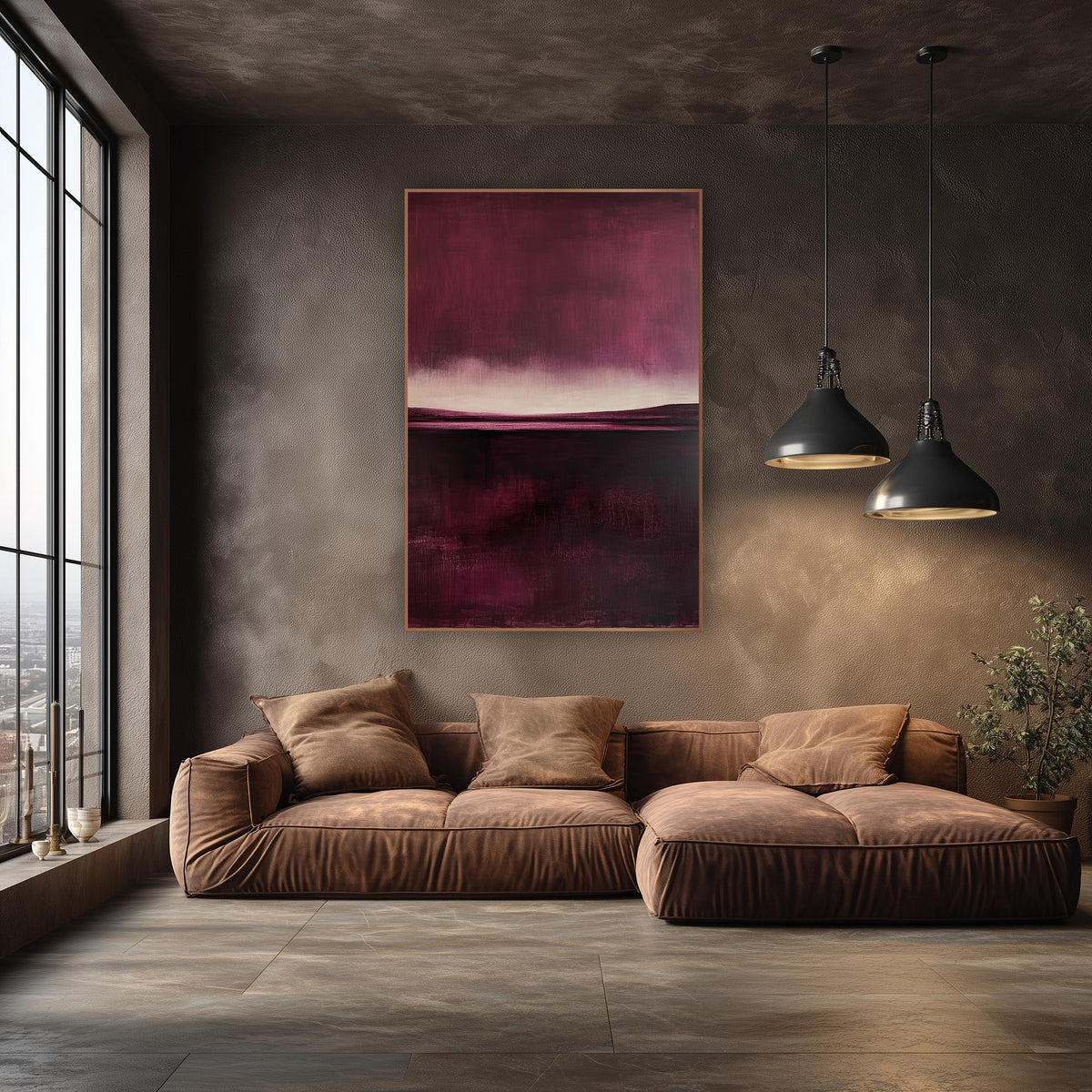 Mulberry Stormlit Moor Painterly Landscape wall art in an elegant modern room – abstract landscape with a deep
