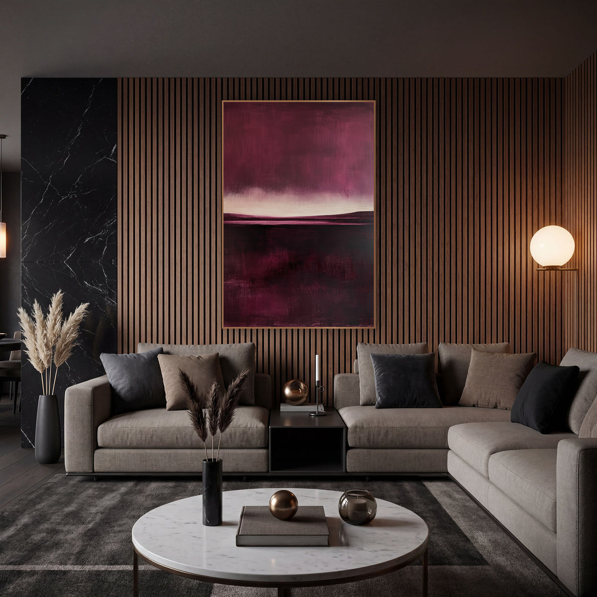 Mulberry Stormlit Moor Painterly Landscape wall art in an elegant modern room – abstract landscape with a deep