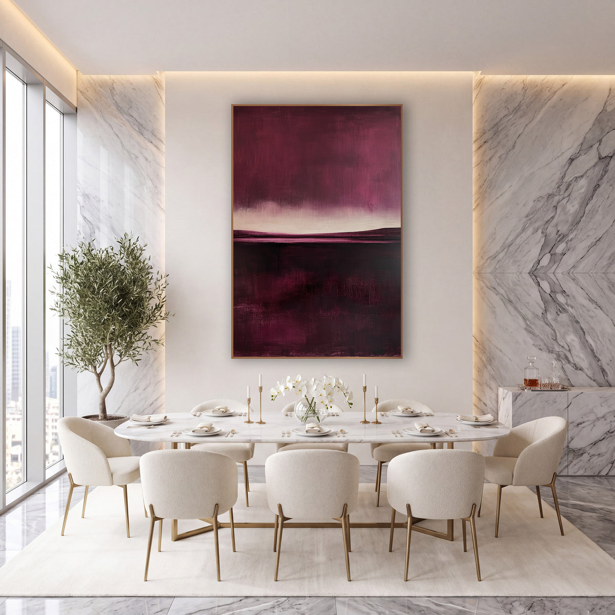 Mulberry Stormlit Moor Painterly Landscape wall art in an elegant modern room – abstract landscape with a deep