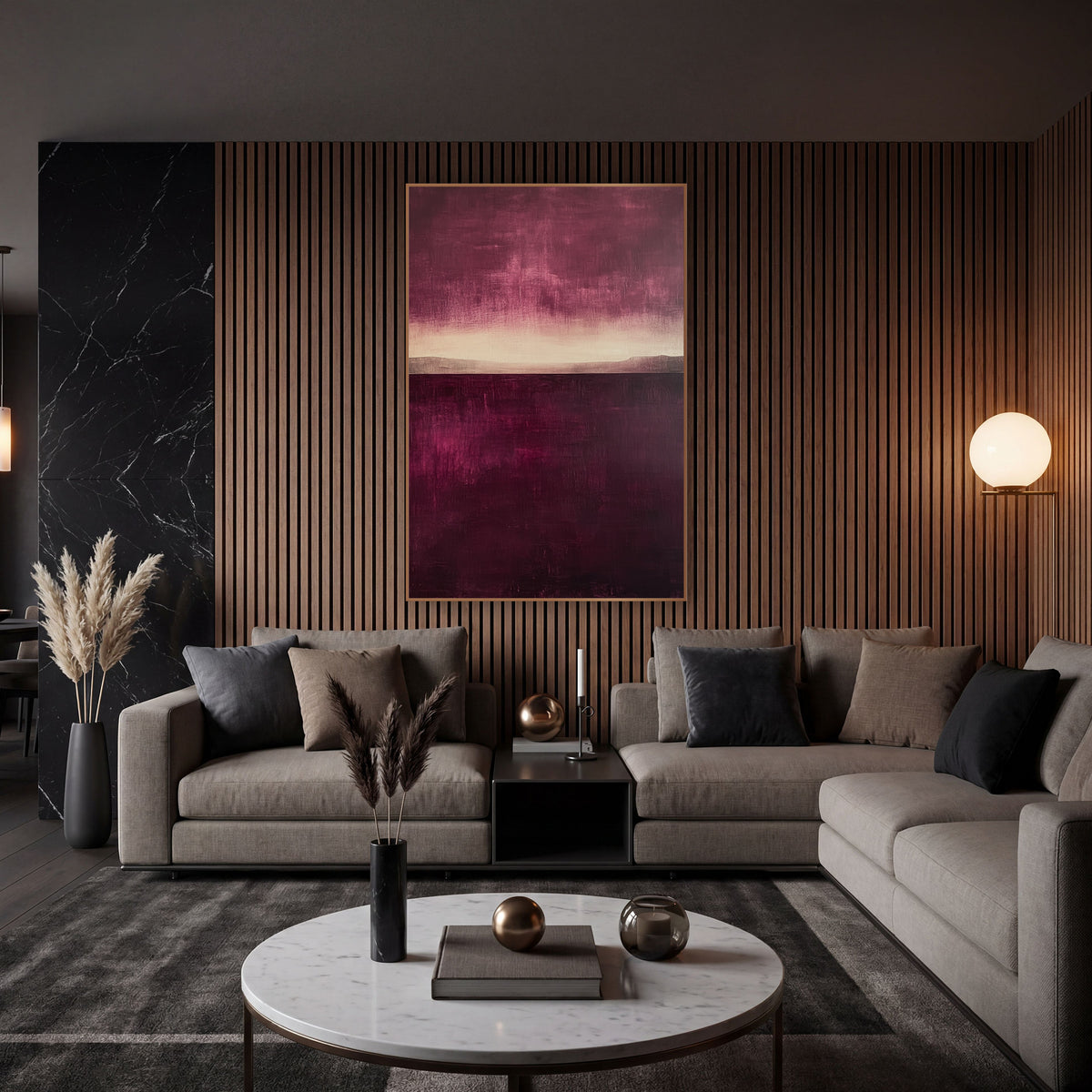 Wine Plateau Dusk Abstract Landscape wall art in an elegant modern room – abstract landscape in deep burgundy