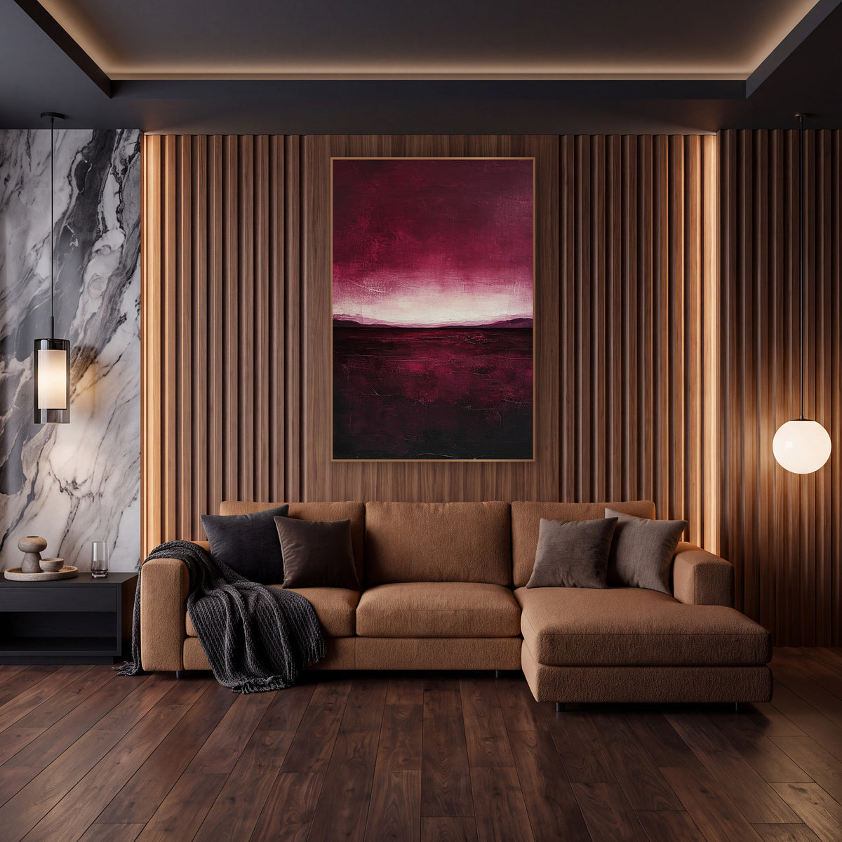 Burgundy Horizon Glow Moody Landscape wall art in an elegant modern room – abstract landscape in deep burgundy