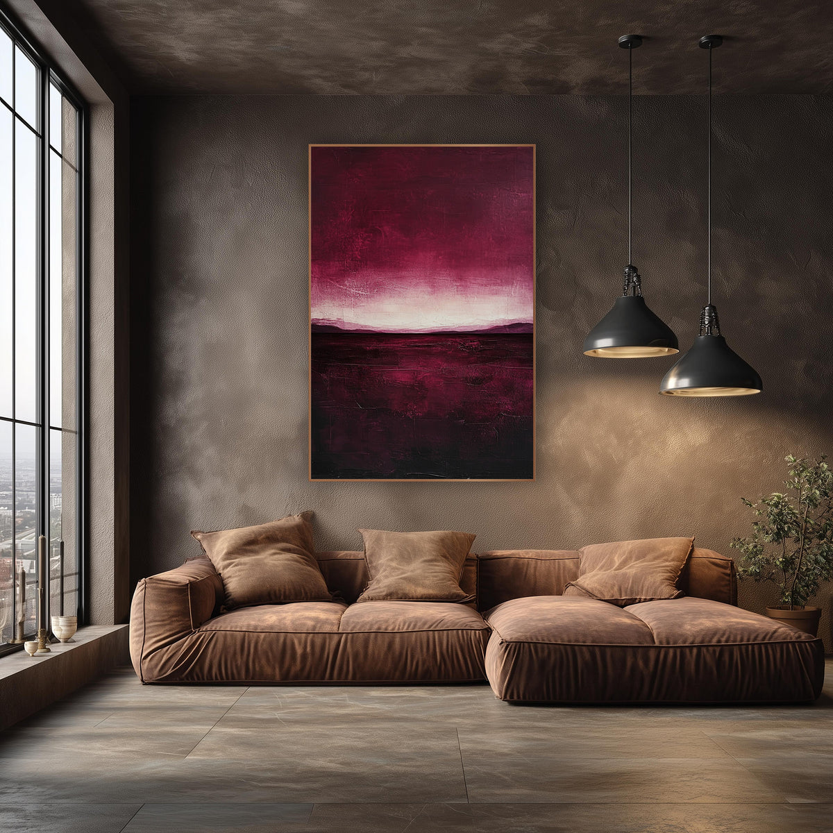 Burgundy Horizon Glow Moody Landscape wall art in an elegant modern room – abstract landscape in deep burgundy