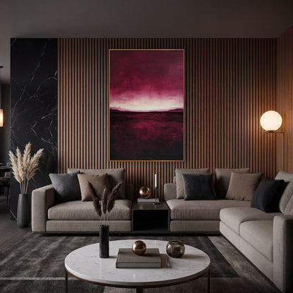 Burgundy Horizon Glow Moody Landscape wall art in an elegant modern room – abstract landscape in deep burgundy