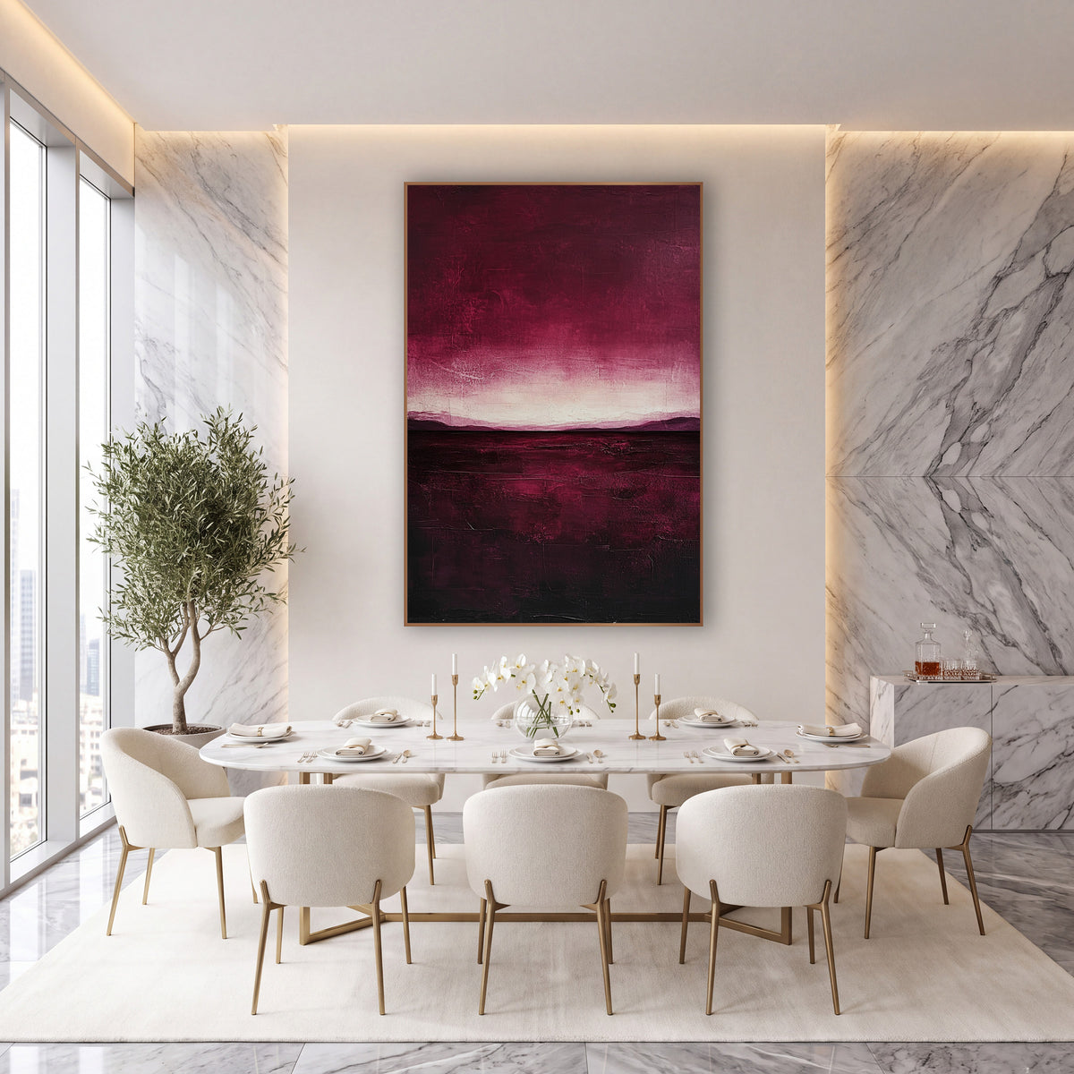 Burgundy Horizon Glow Moody Landscape wall art in an elegant modern room – abstract landscape in deep burgundy