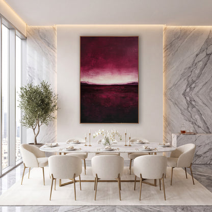 Burgundy Horizon Glow Moody Landscape wall art in an elegant modern room – abstract landscape in deep burgundy