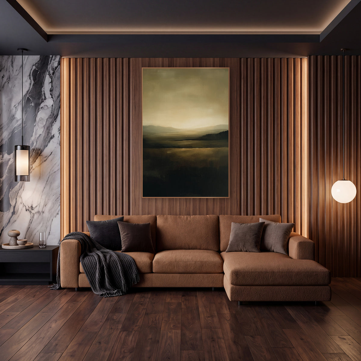 Olive Caramel Horizon Landscape Abstract wall art in an elegant modern room – abstract landscape with a glowing