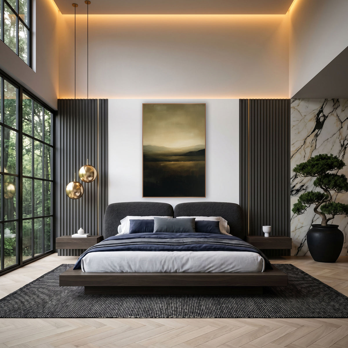 Olive Caramel Horizon Landscape Abstract wall art in an elegant modern room – abstract landscape with a glowing