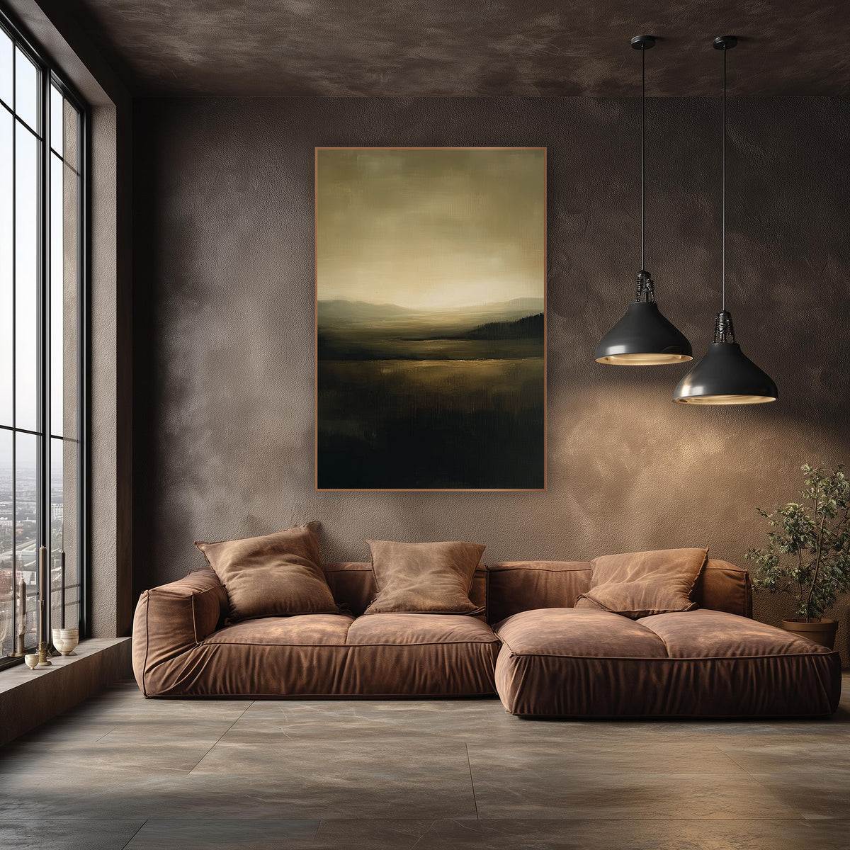 Olive Caramel Horizon Landscape Abstract wall art in an elegant modern room – abstract landscape with a glowing