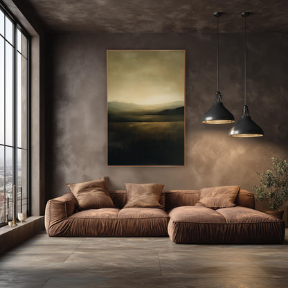 Olive Caramel Horizon Landscape Abstract wall art in an elegant modern room – abstract landscape with a glowing