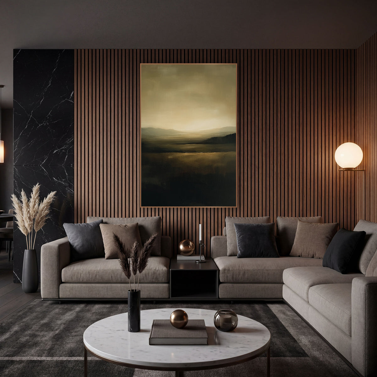 Olive Caramel Horizon Landscape Abstract wall art in an elegant modern room – abstract landscape with a glowing