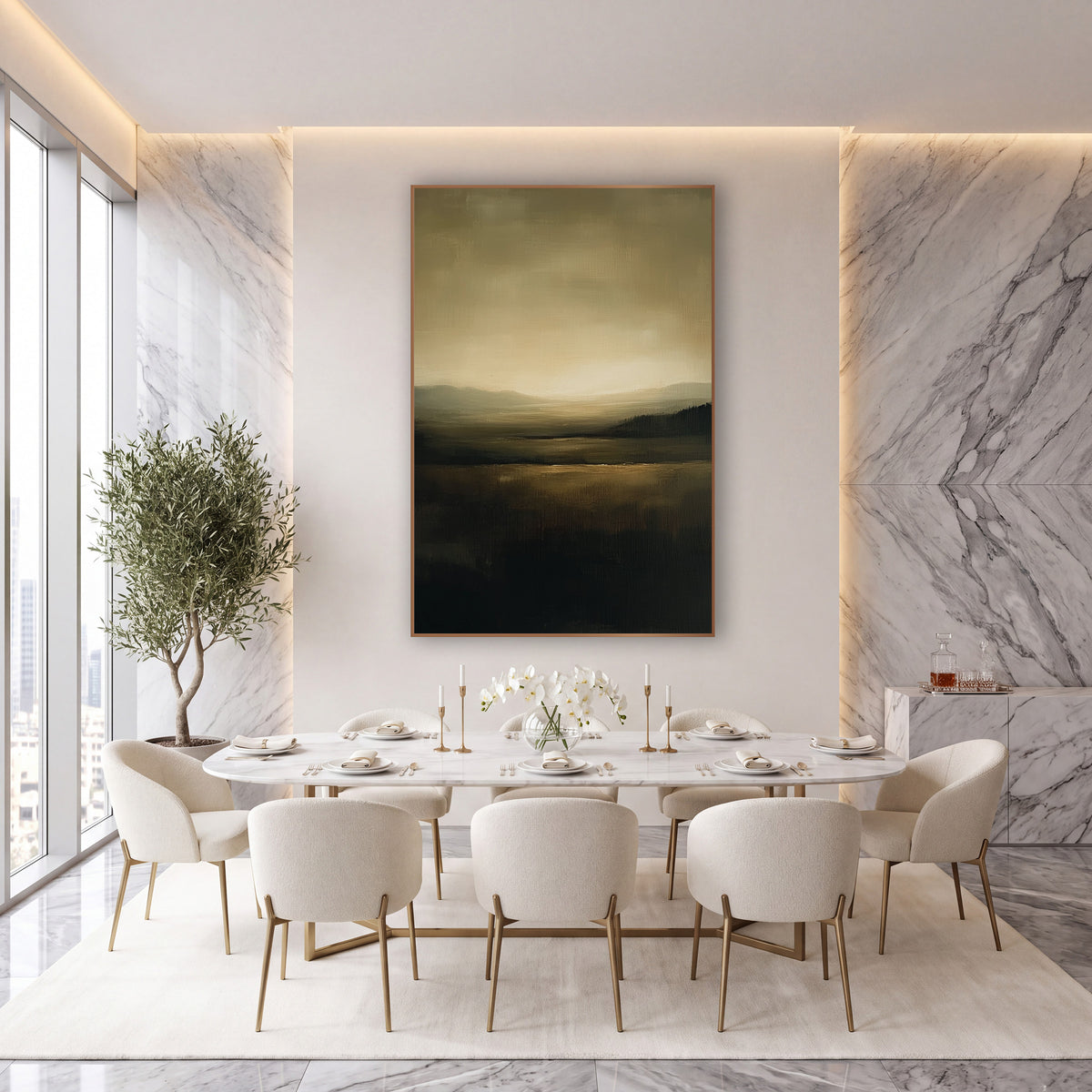 Olive Caramel Horizon Landscape Abstract wall art in an elegant modern room – abstract landscape with a glowing