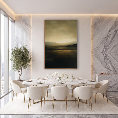 Olive Caramel Horizon Landscape Abstract wall art in an elegant modern room – abstract landscape with a glowing