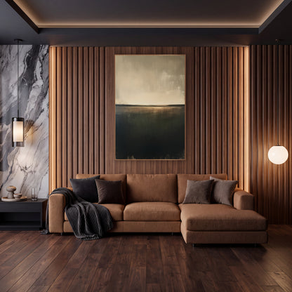 Olive Field Horizon Abstract Landscape wall art in an elegant modern room – abstract landscape of a dark olive field