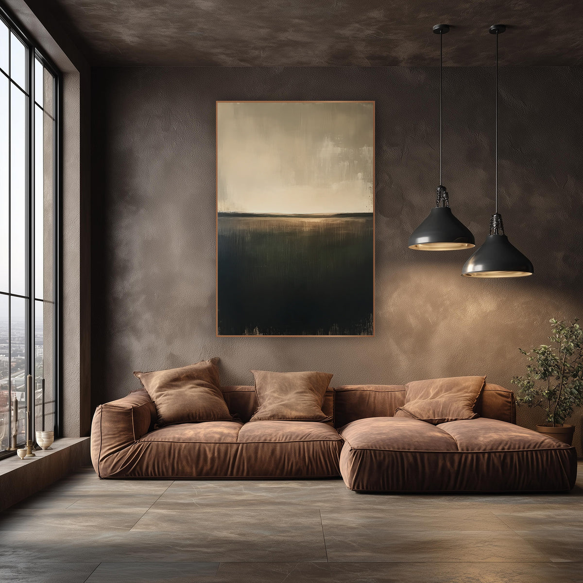 Olive Field Horizon Abstract Landscape wall art in an elegant modern room – abstract landscape of a dark olive field
