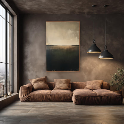 Olive Field Horizon Abstract Landscape wall art in an elegant modern room – abstract landscape of a dark olive field