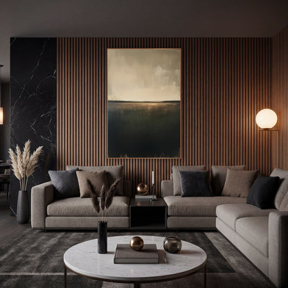 Olive Field Horizon Abstract Landscape wall art in an elegant modern room – abstract landscape of a dark olive field