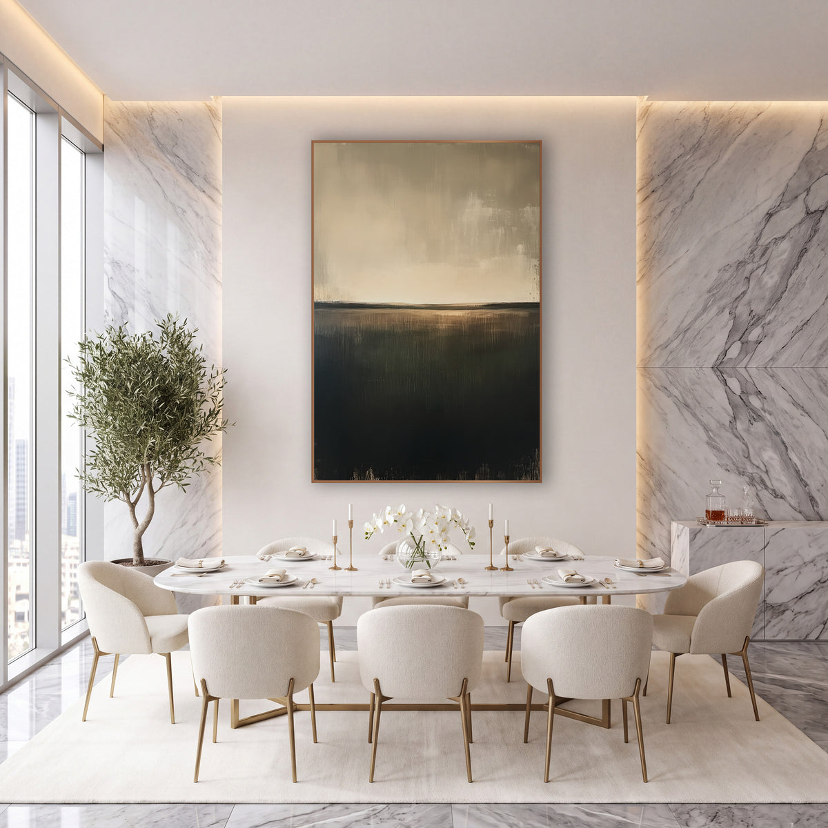 Olive Field Horizon Abstract Landscape wall art in an elegant modern room – abstract landscape of a dark olive field