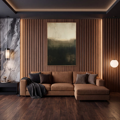 Cream Sky Curved Hollow Abstract wall art in an elegant modern room – abstract artwork with glowing cream top, curved