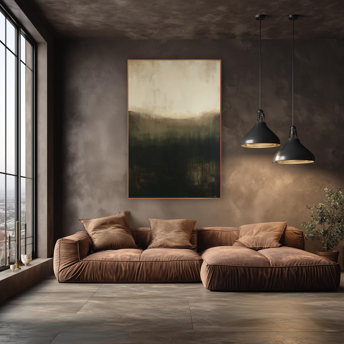 Cream Sky Curved Hollow Abstract wall art in an elegant modern room – abstract artwork with glowing cream top, curved