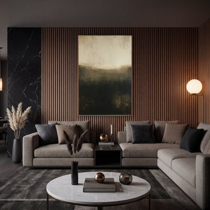 Cream Sky Curved Hollow Abstract wall art in an elegant modern room – abstract artwork with glowing cream top, curved