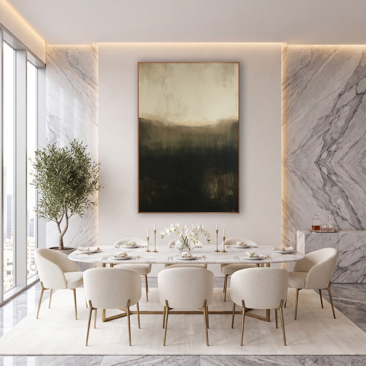 Cream Sky Curved Hollow Abstract wall art in an elegant modern room – abstract artwork with glowing cream top, curved