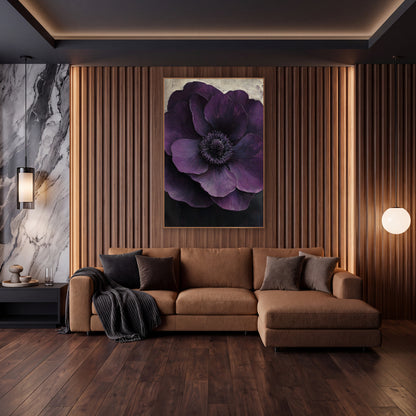 Layered Violet Anemone Cream Fade wall art in an elegant modern room – large deep plum anemone with layered petals