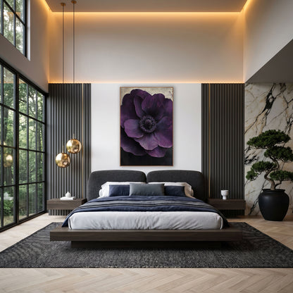 Layered Violet Anemone Cream Fade wall art in an elegant modern room – large deep plum anemone with layered petals