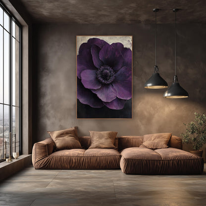 Layered Violet Anemone Cream Fade wall art in an elegant modern room – large deep plum anemone with layered petals