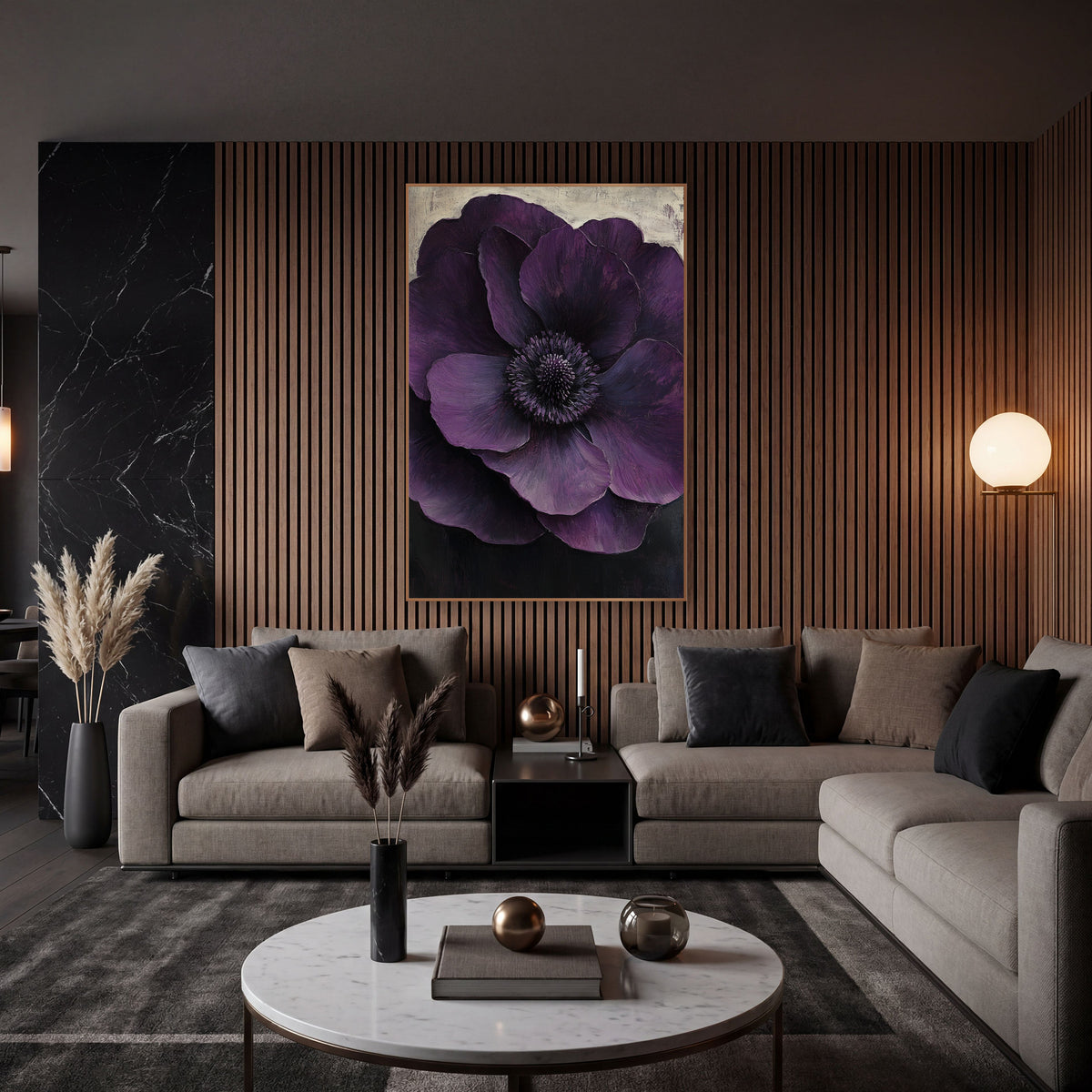 Layered Violet Anemone Cream Fade wall art in an elegant modern room – large deep plum anemone with layered petals