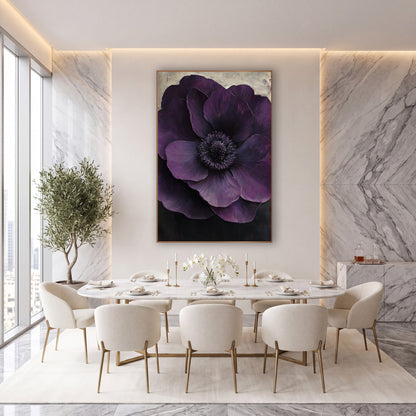 Layered Violet Anemone Cream Fade wall art in an elegant modern room – large deep plum anemone with layered petals